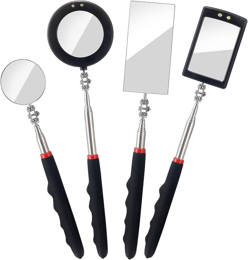 KABUDA 4PCS Telescoping Inspection Mirror LED Lighted Inspection Mirror for Mechanic Checking Vehicle, Car, Eyelashes, Mouth, Small Parts Observation (Extendable, Rectangle & Round) - Image 1
